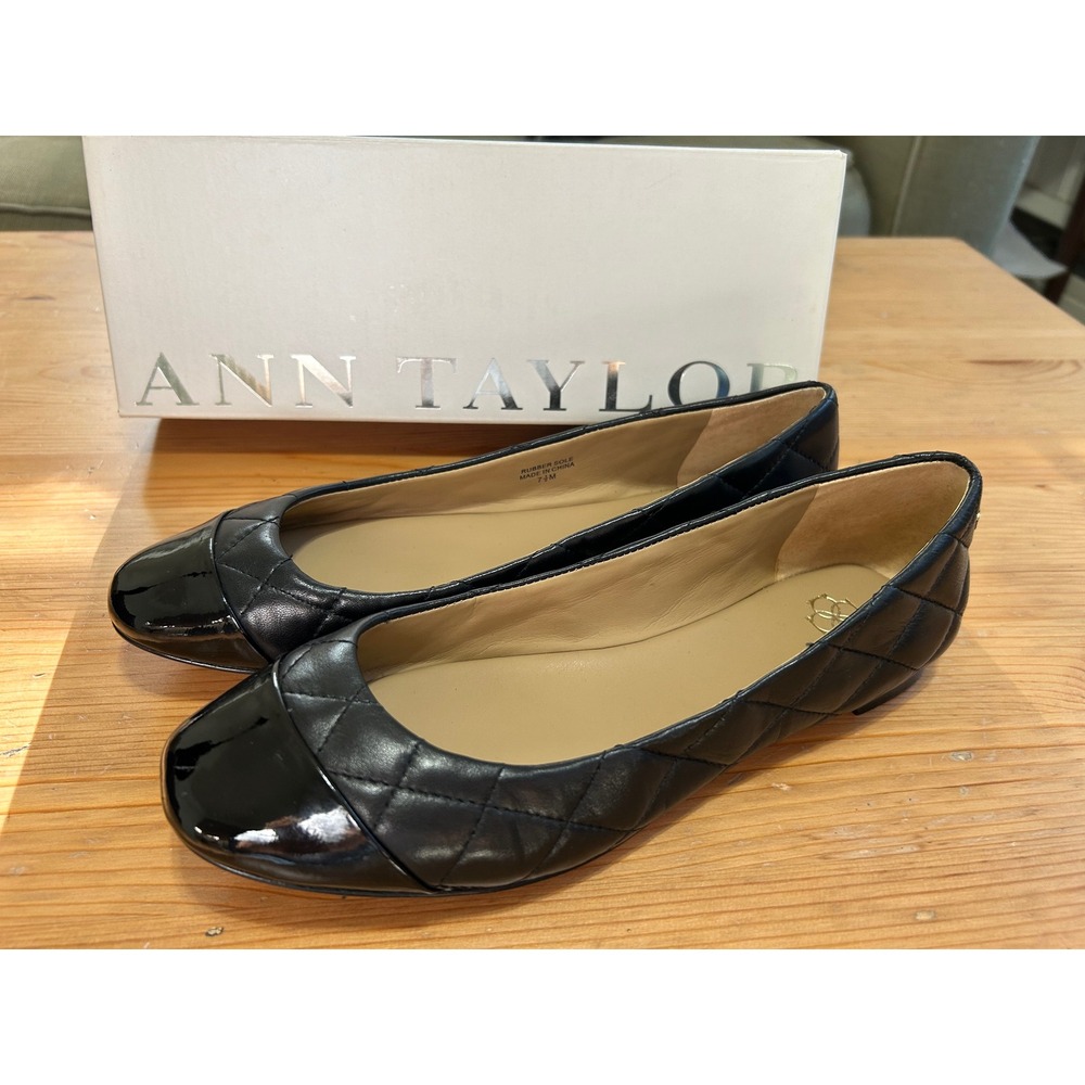 NIB Ann Taylor Quilted Leather Ballet Flats Black Cap Toe 7.5M Coquette Chic